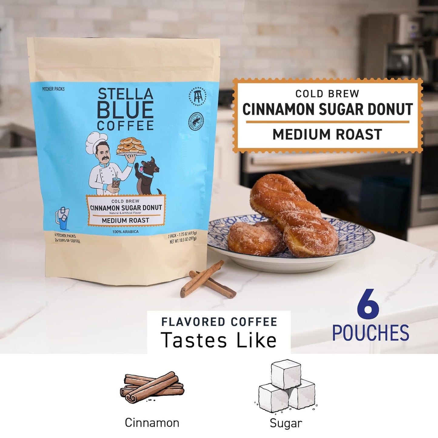 Stella Blue Cold Brew Coffee Bags, Cinnamon Sugar Donut, Medium Roast Ground Coffee, Smooth, Bold and Refreshing 100% Arabica, 6 Brew Packets, Makes 24 Cups, Rainforest Alliance Certified