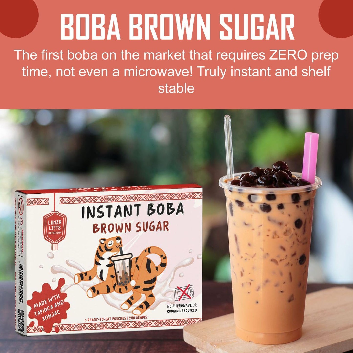 Instant Brown Sugar Boba, 70% Fewer Calories, Made with Konjac and Tapioca, Brown Sugar Boba Pearls for Boba tea, Shakes and Dessert, Plant-Based 6 Ready-to-Eat Pouches (240g)