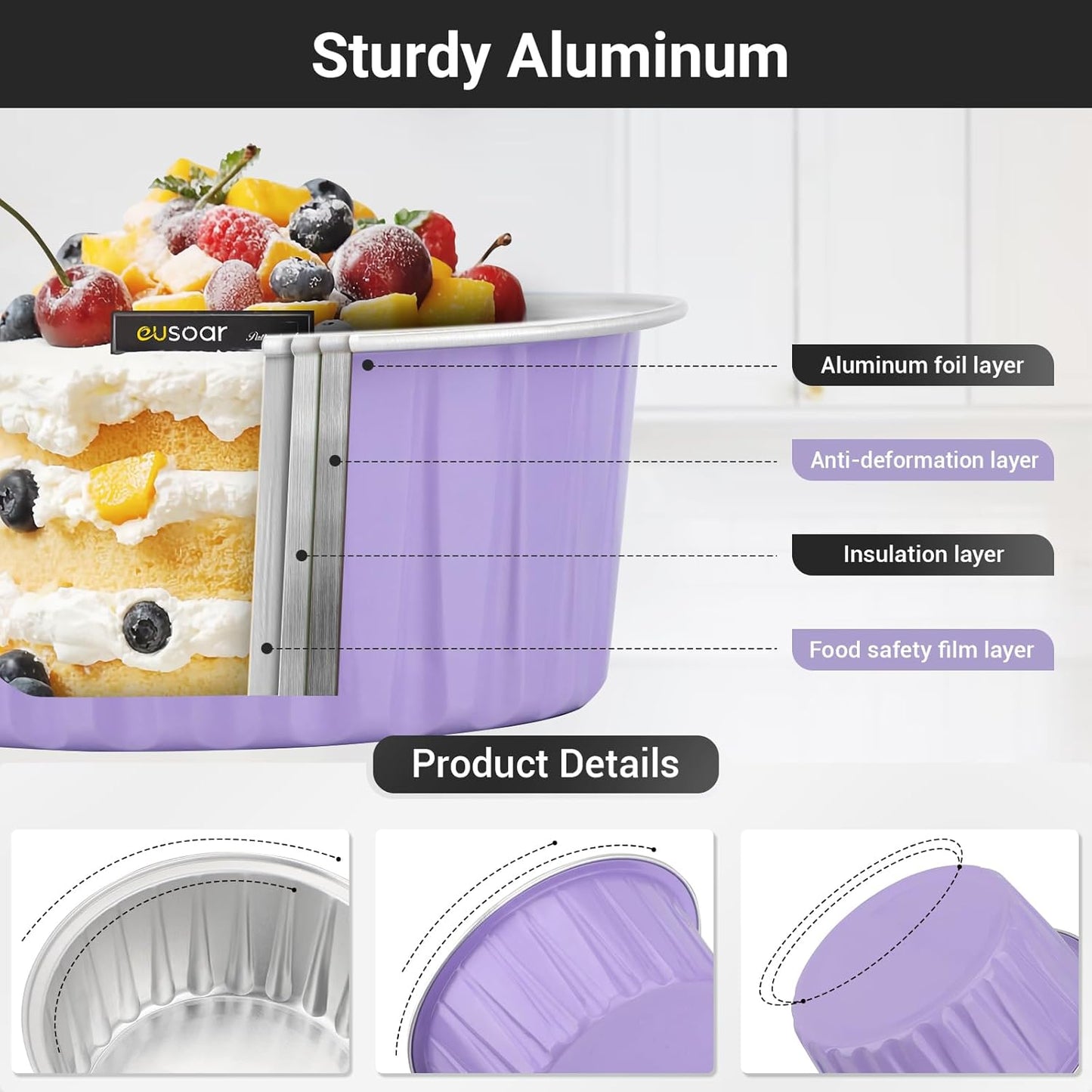 EUSOAR Aluminum Foil Baking Cups with Lids, Light Purple 50pcs 5oz Creme Brulee Ramekins Disposable, Muffin Liners Cups，Mini Cheesecake Foil Pans Dessert Containers with Lids for Party Favor Birthday