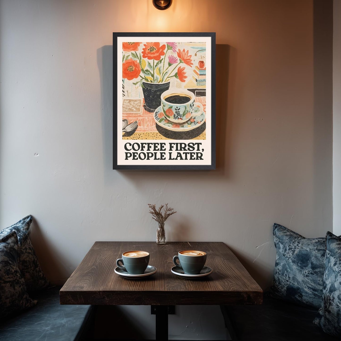 GELDSTEI Wood Framed Retro Coffee Wall Art, Vintage Cafe Wall Decor, Coffee First People Later Canvas Painting, Classical Cafe Bar Poster Print for Kitchen Dining Room Home Office 12"x16"