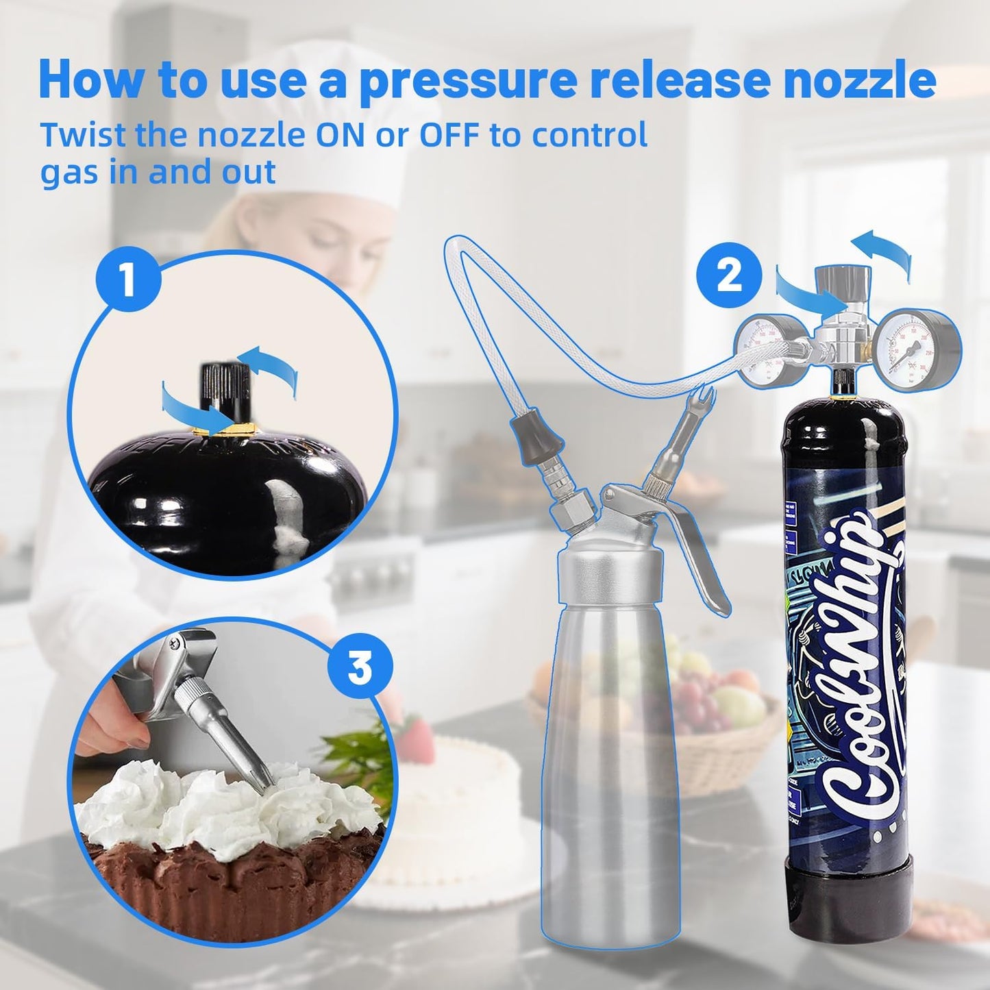 Whipped Cream Charger 740G Whip Cream Charger Cartridges Whip Cream Charger Cylinder Food Grade Original Flavor (Nozzle Included) 3-Pack