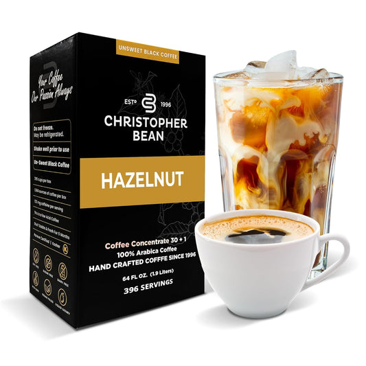 Christopher Bean Coffee - 396 servings, 30 to 1 Blend Bag in Box Liquid Instant Coffee or Cold Brew Coffee Concentrate - Hot or Iced Coffee - Hazelnut