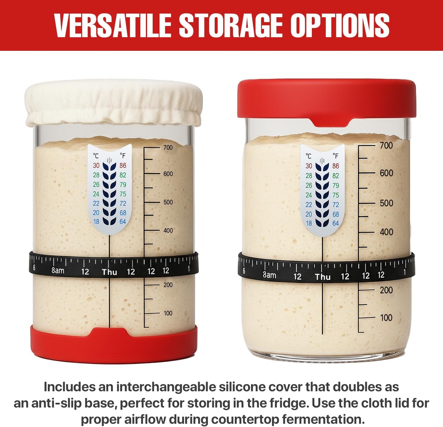 Sourdough Starter Kit, 24 Oz Sourdough Jar with Measuring Cup, Thermometer, Spatula, Dough Scraper, Bread Lame, Silicone Base & Cloth Cover, Feeding Band, Bread Baking Supplies for Bakers (24 Oz)