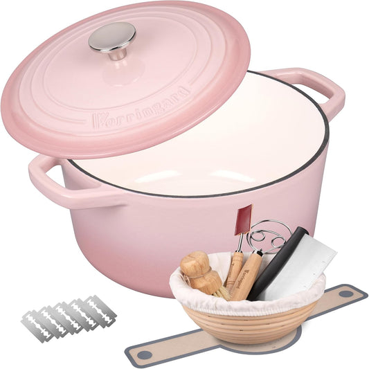 Enameled Cast Iron Dutch Oven Pot with Lid, for Bread Baking, Round Bread Oven- include Sourdough Bread Baking Supplies Set, 6QT, Pink
