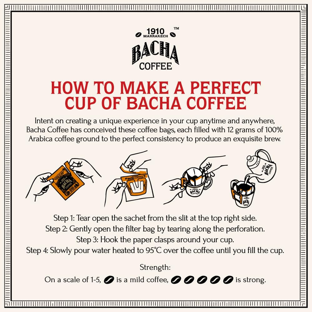 Bacha Coffee | Baraka Fine Flavoured, Medium Roast, 100% Arabica Specialty Coffee, 12 Coffee Drip Bags, Gift Box