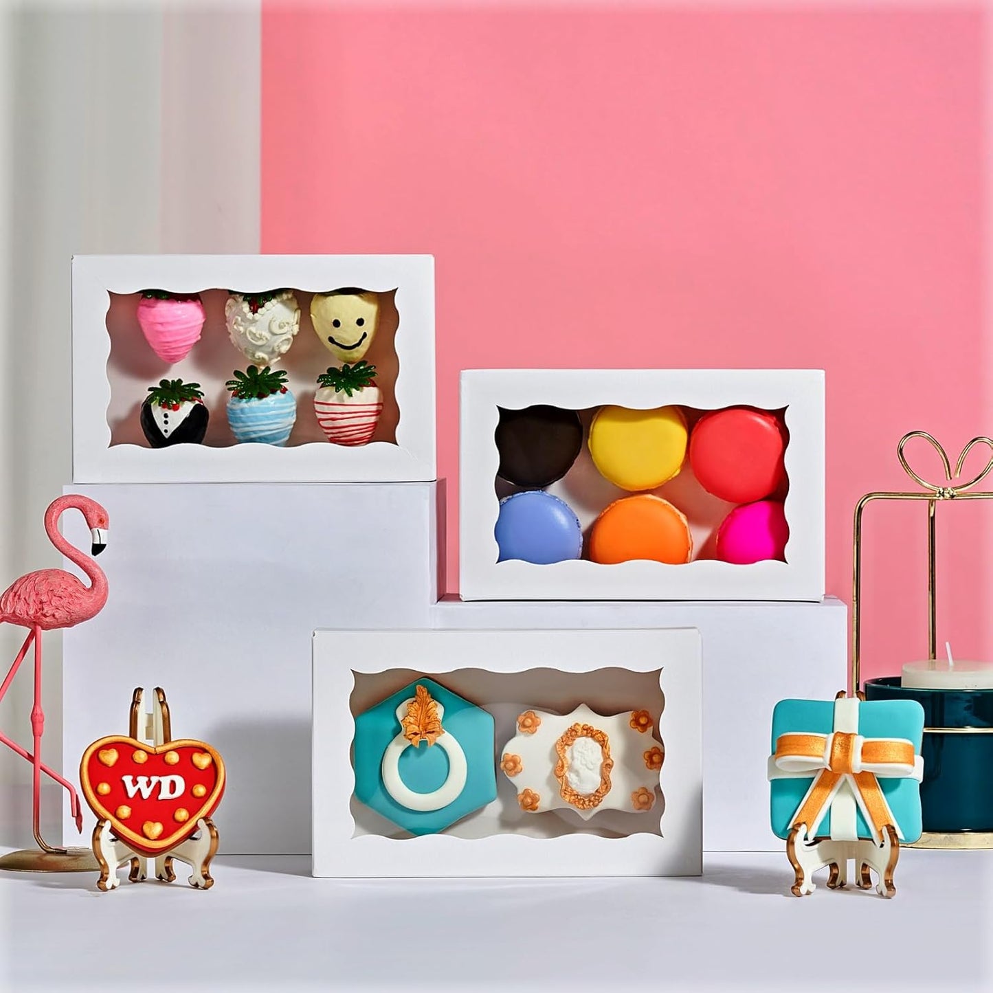 White Rectangular 7"X4.3"X1.5" Dishwasher Safe Clear Window Pastry Boxes - 100 Count for Cookies, Macarons, Donuts, Cakes