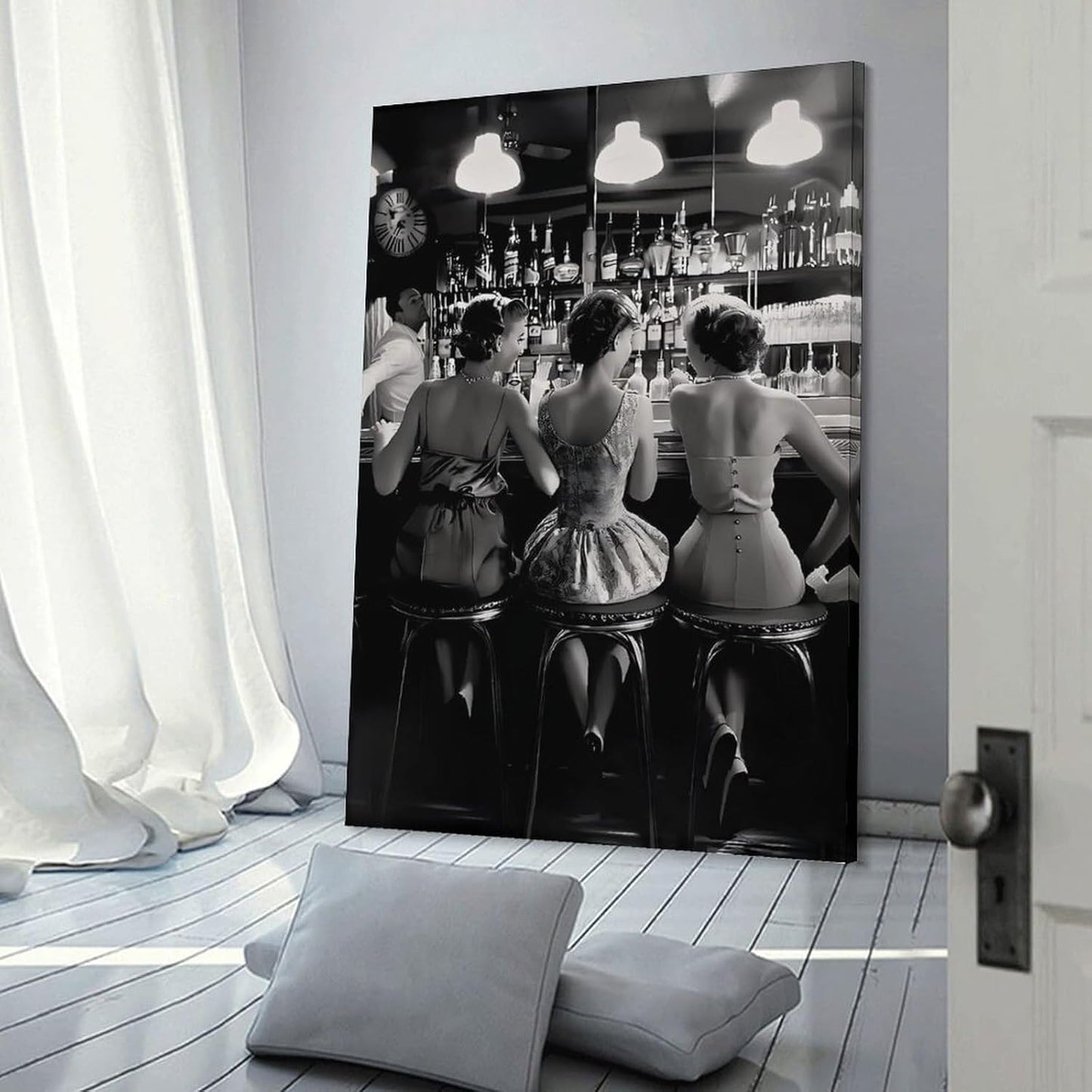 Vintage Black And White Posters Trendy Women Drink Cocktail Wall Art Funky Girly Room Decor Retro Alcohol Canvas Prints Posters Three Friends Pictures 16x24inch(40x60cm)