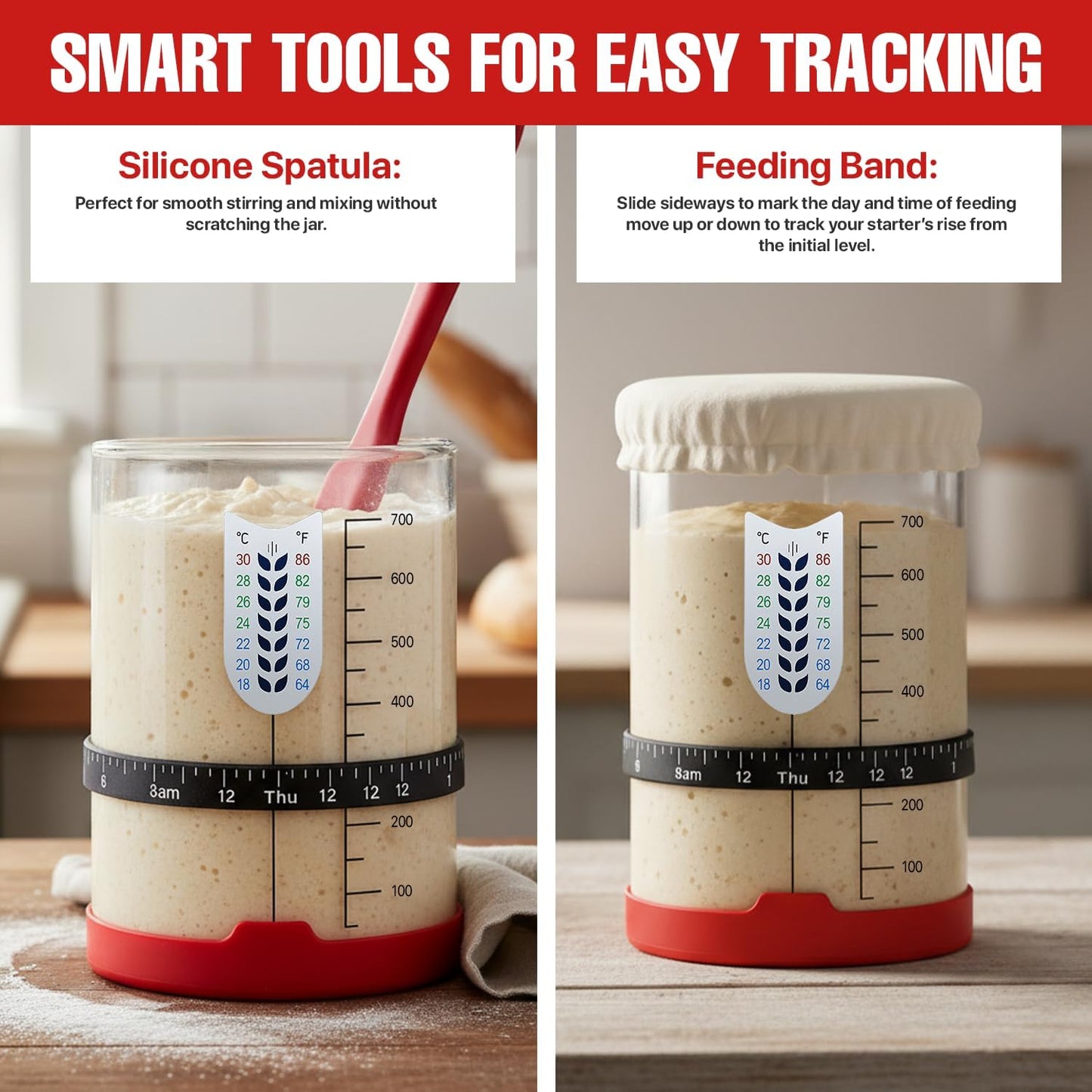 Sourdough Starter Kit, 24 Oz Sourdough Jar with Measuring Cup, Thermometer, Spatula, Dough Scraper, Bread Lame, Silicone Base & Cloth Cover, Feeding Band, Bread Baking Supplies for Bakers (24 Oz)