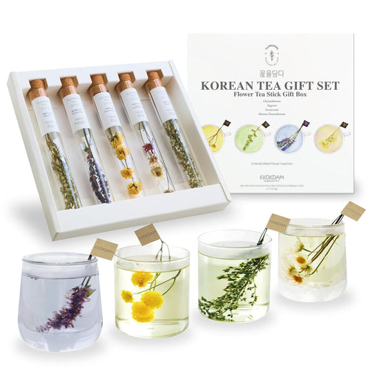 KKOKDAM Fancy Korean Tea Gift Set – Premium Flower Tea Stick Variety Pack - 5 Loose Leaf Blooming Flower Teas