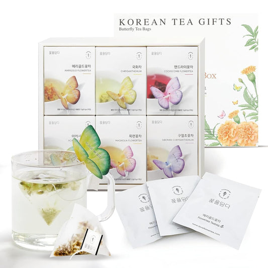 KKOKDAM Korean Tea Gift Set – 6 Flavor Butterfly Tea Bag Sampler – Elegant Box for Tea Lovers - Perfect as Unique Gifts