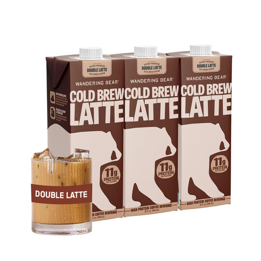 Wandering Bear Double Latte Organic Cold Brew Coffee — 32 fl oz, 3 pack - Creamy High-Protein Cold Brew Latte, 11 g Protein, Only 100 Calories, 5 g Sugar, Double Shot Strength (Shelf-Stable)