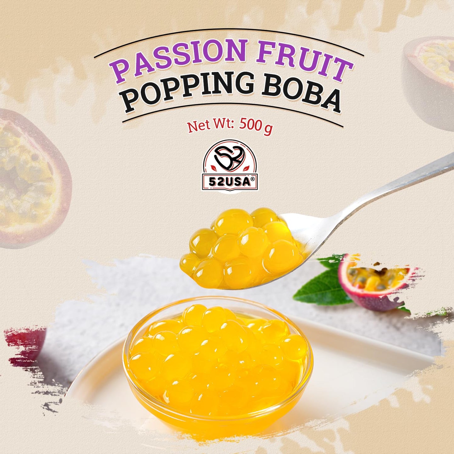 52USA Passion Fruit Popping Boba (1000g), Popping Pearls for Bubble Tea, Beverages, Sweets, Ice Cream, Shakes, Desserts & Smoothies Topping, 1.1 Pound (Pack of 2)