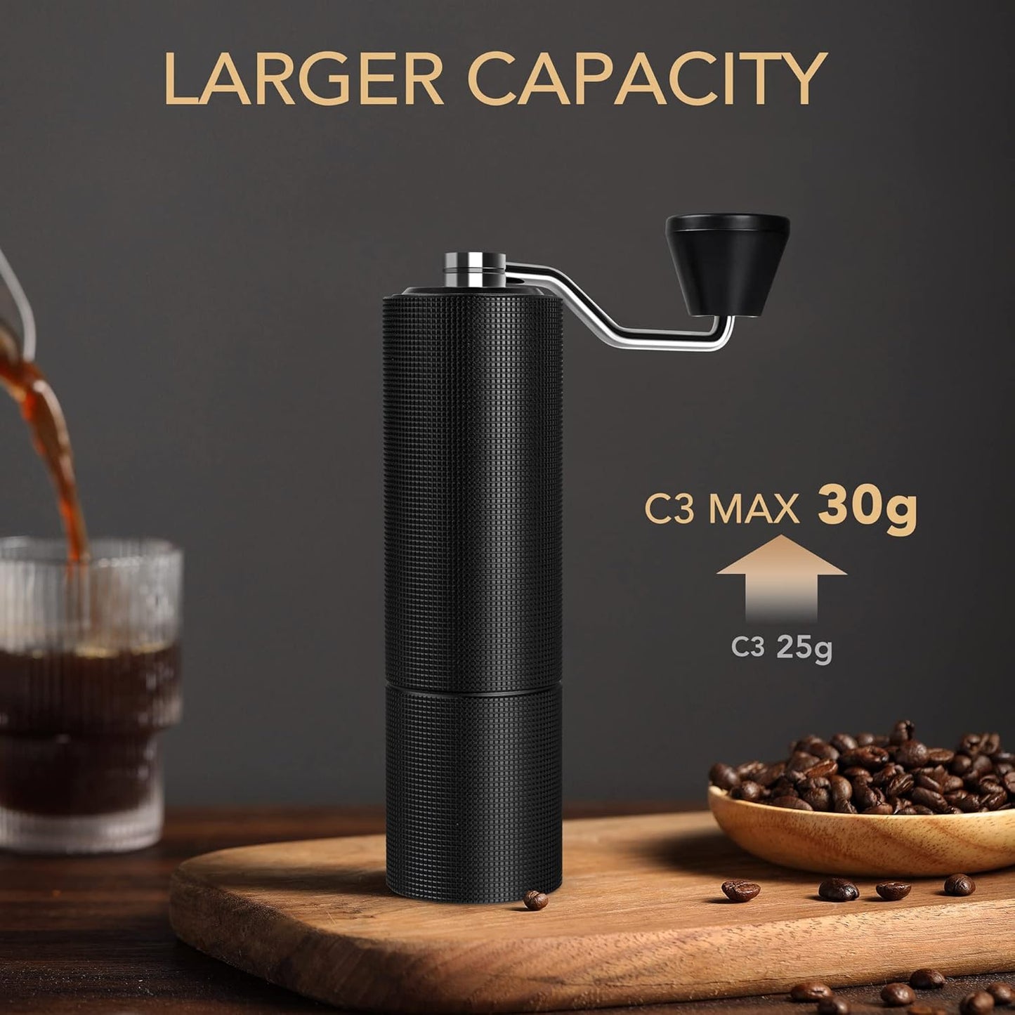 TIMEMORE Manual Coffee Grinder, Stainless Steel Conical Burr Coffee Grinder Manual, Capacity 30g Hand Coffee Grinder with Adjustable Setting, Pour Over Coffee Hand Grinder - Chestnut C3 max, Black