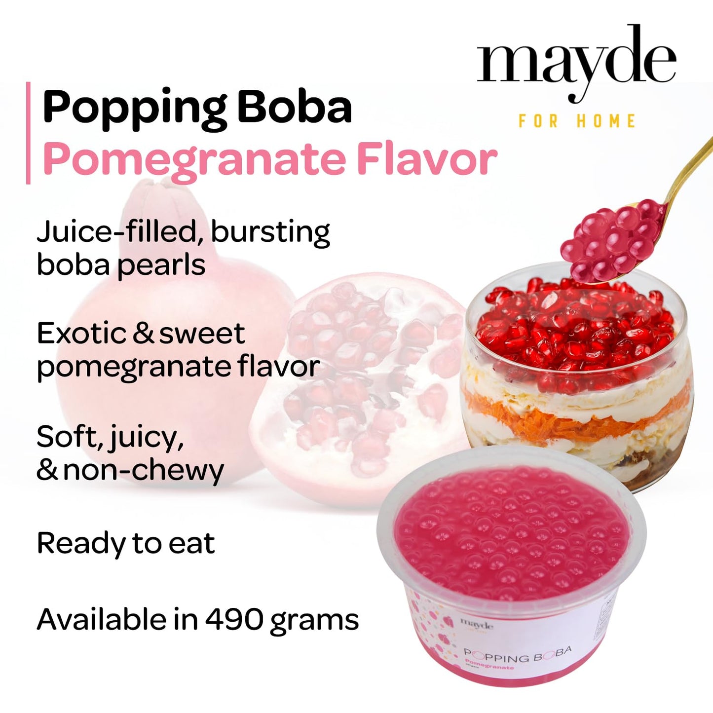 Mayde Popping Boba Pearls for Drinks, Desserts, & Breakfast Bowls, Pomegranate Flavor, 490 grams