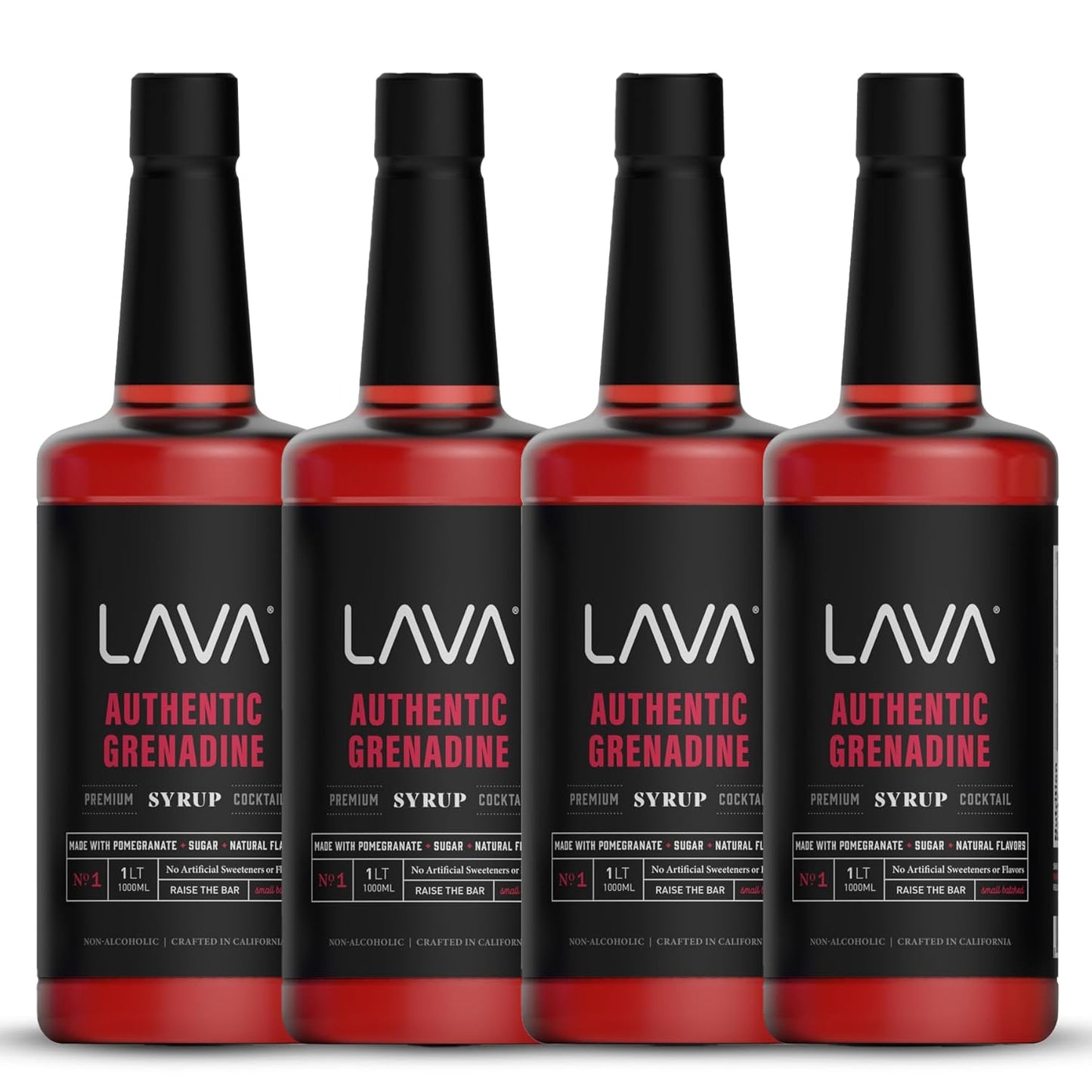 (4-Pack) LAVA Premium Grenadine Syrup, Made with Pomegranate Juice, 100% Sugar, 33.8oz (1-Liter), No Artificial Sweeteners, Flavors, or Colors