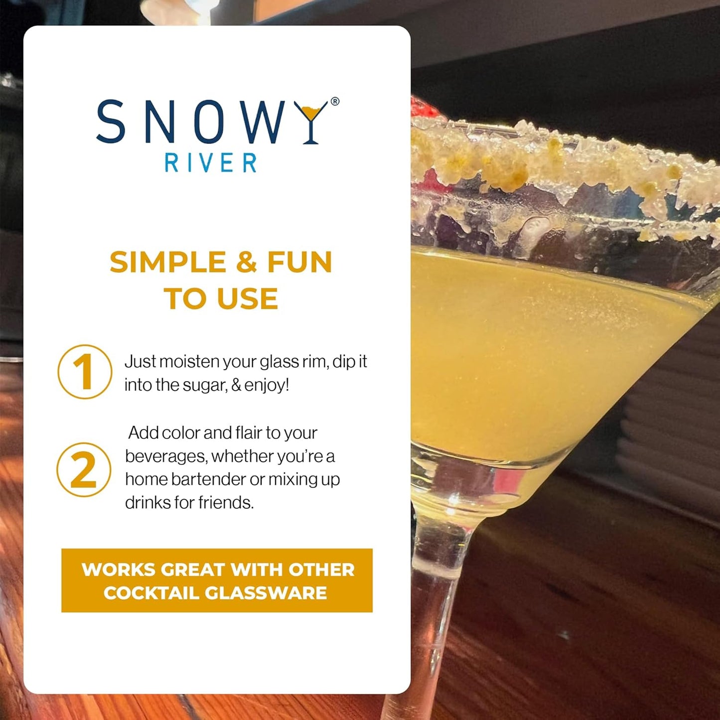 Snowy River Gold, Cocktail & Margarita Sugar Rimmer - Vibrant Naturally Colored Sugar for Cocktail Rimming, Baking & Decorating, Medium Crystal - 16oz