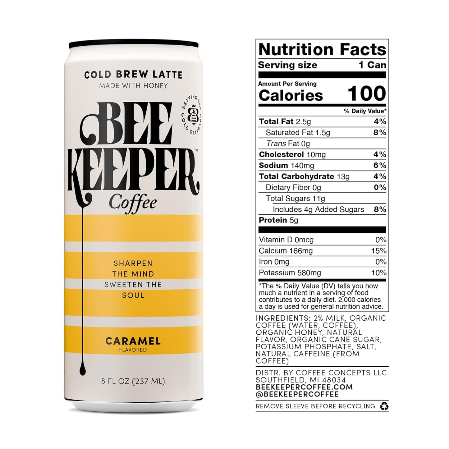 Beekeeper Coffee Cold Brew Caramel Latte with Oregon Honey, 8 fl oz cans (Pack of 12), Ready-to-Drink, 125mg Natural Caffeine