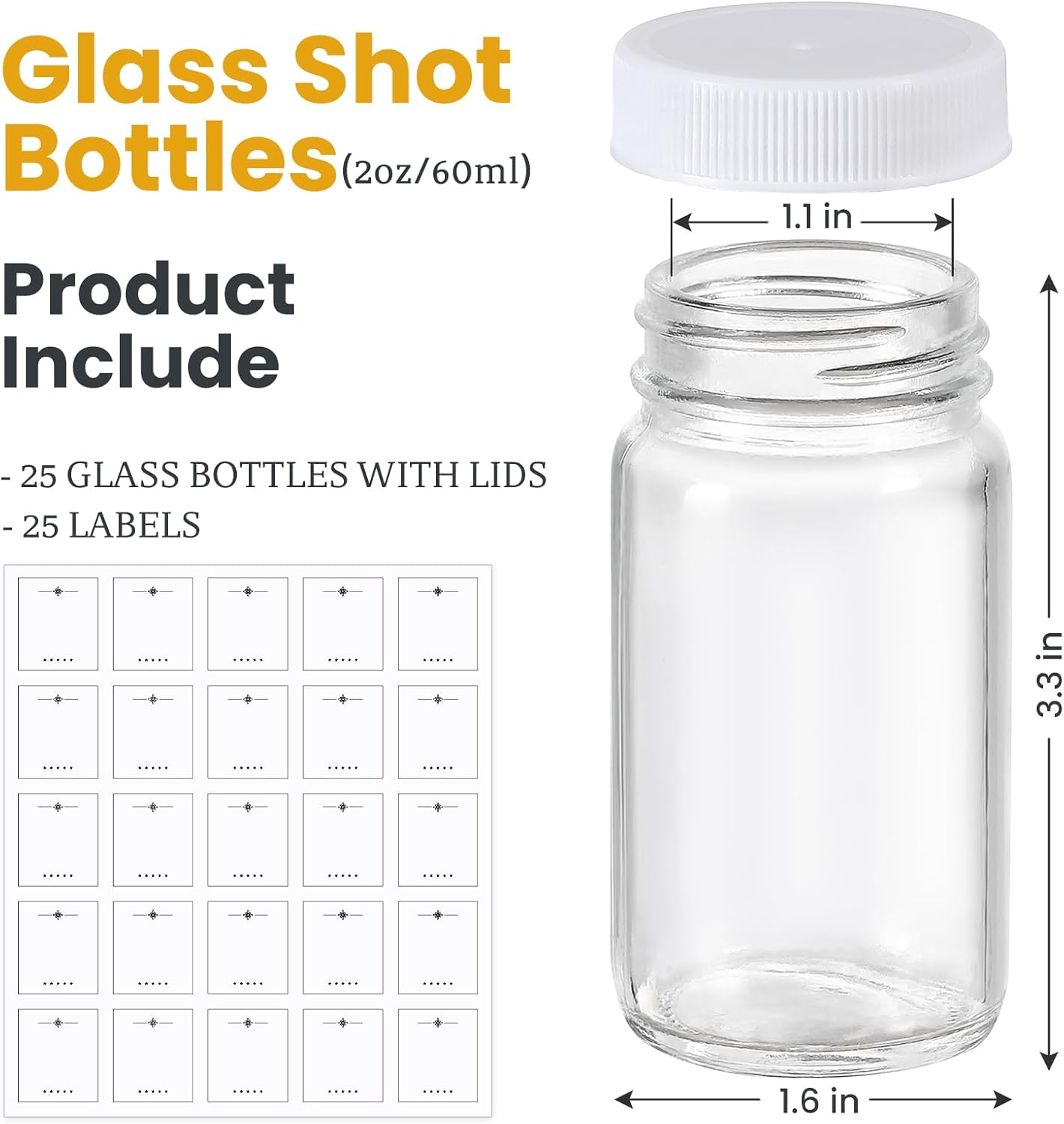 25 Pack 2 oz Glass Shot Bottles w/ White Lids & 25 Labels - Small Clear Jar for Ginger, Wellness Shot, Juice, Sample, Whiskey - Travel Essentials Mini Bottles - Wide Mouth, Leakproof, Dishwasher Safe