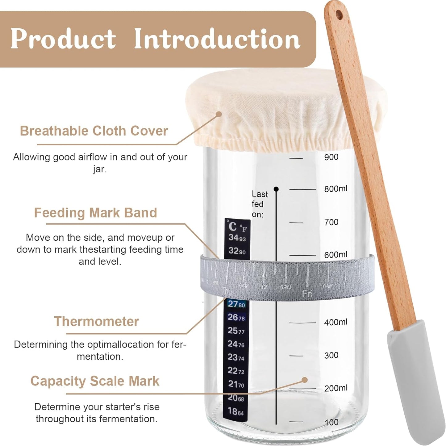 2pcs 1000ML FSourdough Starter Kit with Date Marked Feeding Band, Thermometer, Cloth Cover & Metal Lid, Reusable Sourdough Bread Baking Supplies, Canisters for household or kitchen use