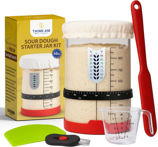 Sourdough Starter Kit, 40 Oz Sourdough Jar with Measuring Cup, Thermometer, Spatula, Dough Scraper, Bread Lame, Silicone Base & Cloth Cover, Feeding Band, Bread Baking Supplies for Bakers (40 Oz)