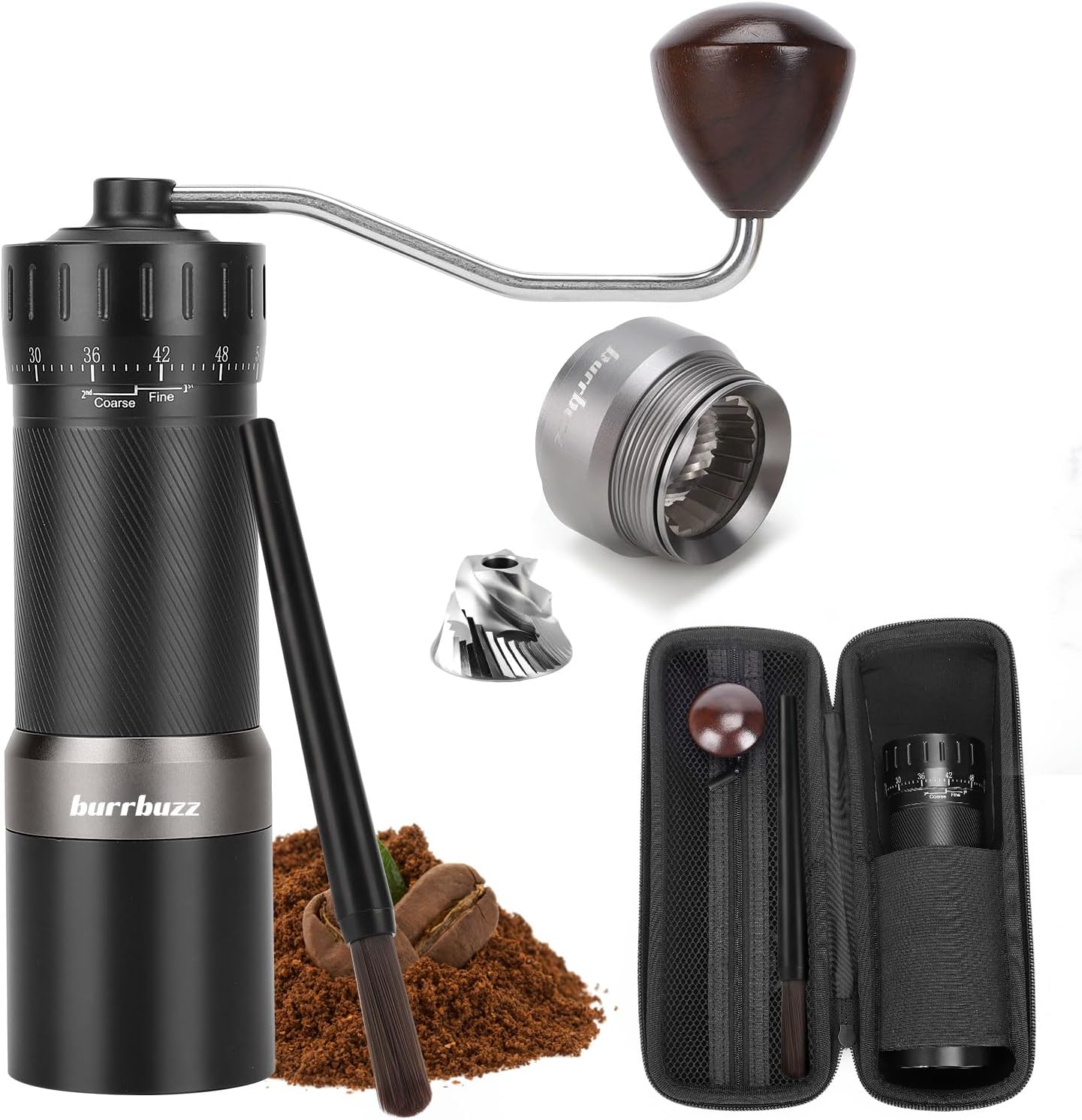 MB2 Manual Coffee Grinder with Carrying Case, External Adjustment, 35g Large Capacity Stainless Steel Burr Grinder, Magnetic Catch Cup, Good for Travel, Camping & Storage components, All-Round Grinder