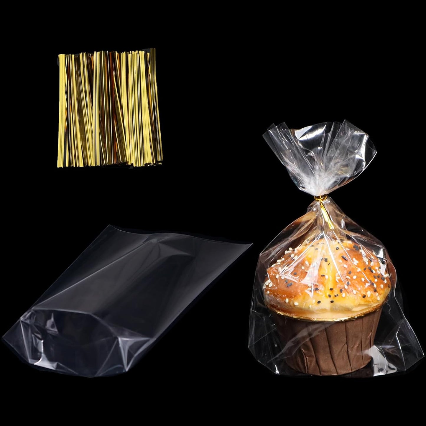 200 PCS 5x6.5 Cellophane Muffin Bags with Gold Twist Ties & Flat Bottom – Food-Safe Bakery Packaging for Cupcakes, Brownies, Cookies Macarons – Commercial-Grade for Party Favors, Catering Displays