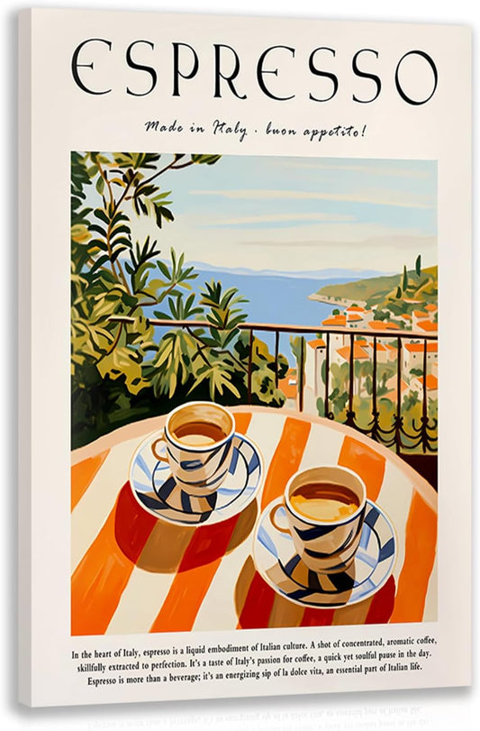 GELDSTEI Coffee Wall Art, Vintage Espresso Wrapped Canvas Print, Italian Coffee Poster Print, Cafe Bar Decoration, Retro Italian Cafe Wall Decor for Kitchen Dining Room Framed Ready to Hang 16"x24"