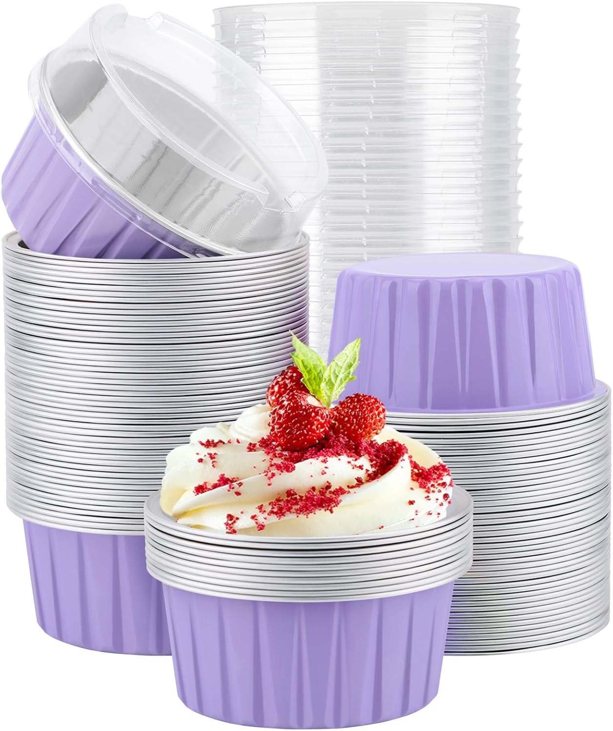 EUSOAR Disposable Ramekins with Lids, 5oz 100pcs Muffin Liners Cups with Lids, Creme Brulee Foil Ramekins, Aluminum Foil Cupcake Baking Cups, for Party Favor Birthday -Light Purple