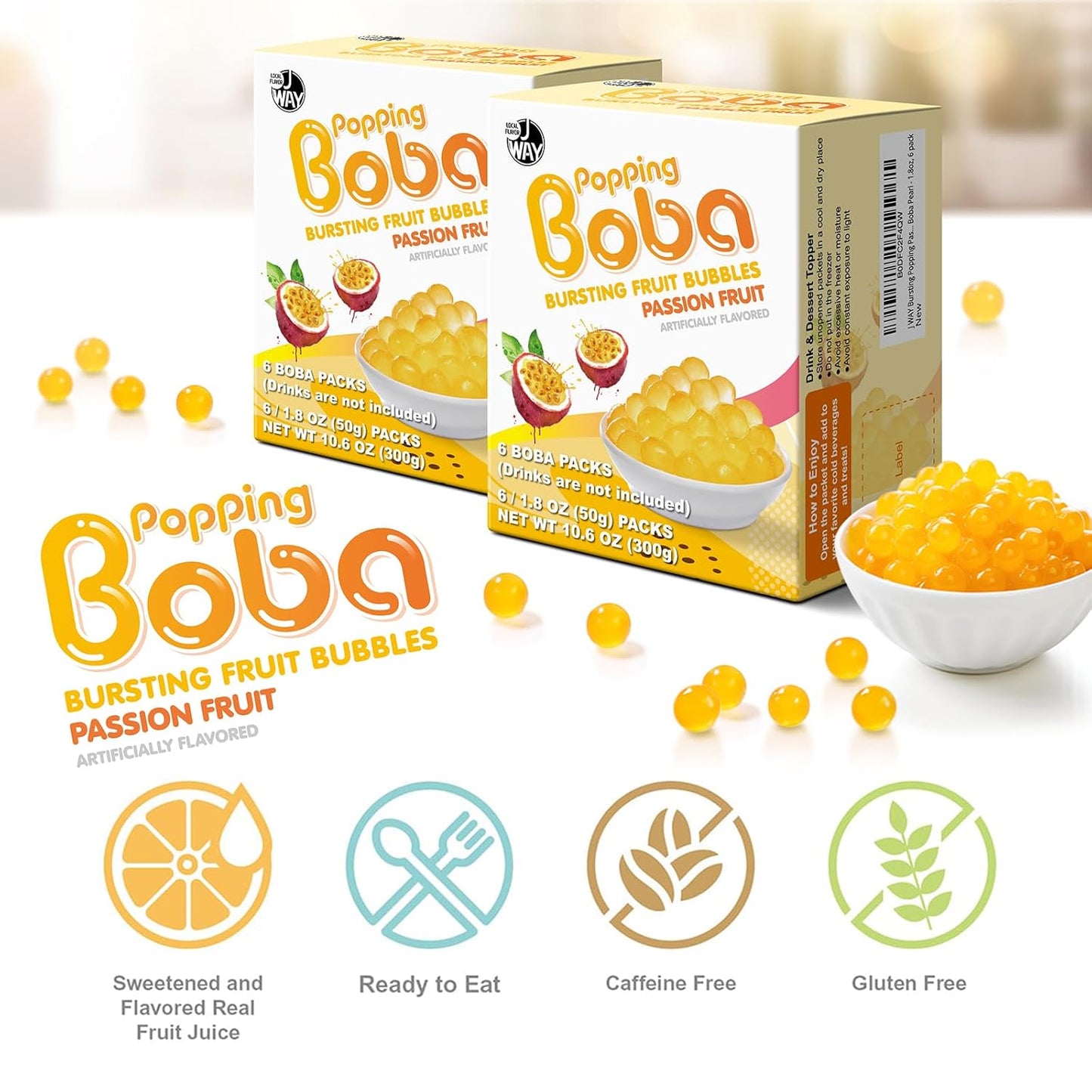 J WAY Bursting Popping Passion Fruit Boba Pearls, Passion Fruit Syrup, Non-Dairy, Fat-Free Popping Tapioca Boba for Beverages, Sweets, Ice Cream, 1.8oz (Pack of 6)