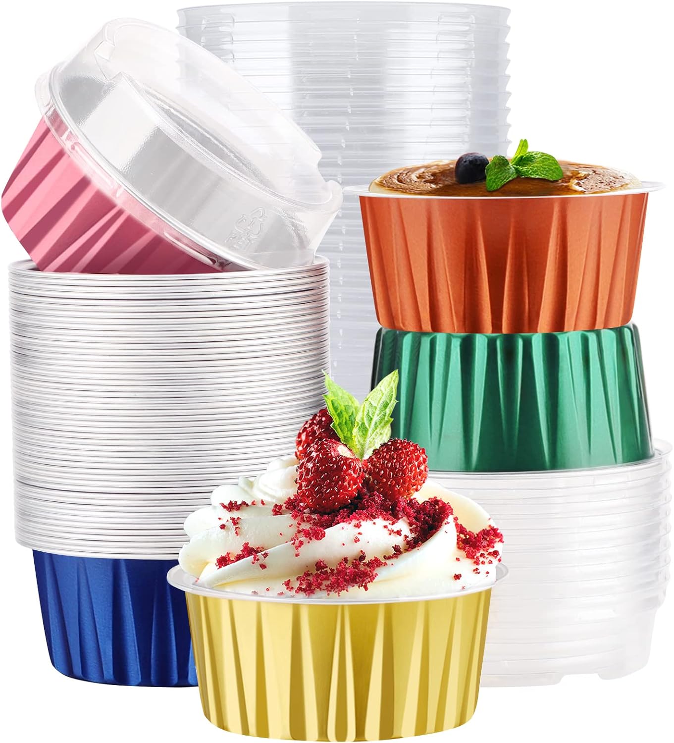 EUSOAR Assorted Colors Cupcake Liners, 5oz 125ml Muffin Liners with Lids Pack of 50, Creme Brulee Ramekins, Disposable Aluminum Foil Cups