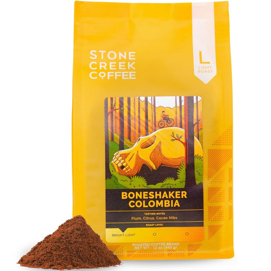 Stone Creek Coffee Light Roast Ground Coffee – 12 Ounce (Pack of 1) – Smooth Specialty Fresh Roasted Coffee Beans with Juicy and Citrus Tasting Notes, Boneshaker Colombia