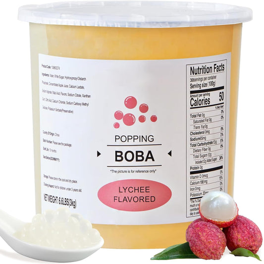 Soeos Lychee Popping Boba Pearls, 6.6 lbs (3000g), Bursting Boba Pearls for Bubble Tea, Beverages, Shakes, Desserts, Smoothie and Ice Cream Topping, Ready-to-Eat