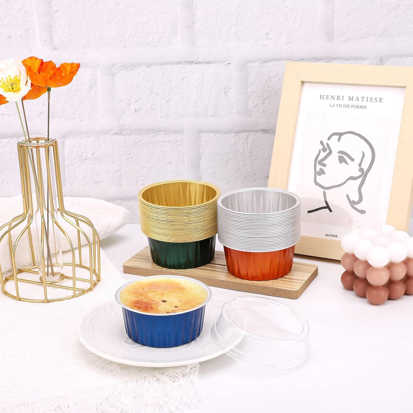 EUSOAR Assorted Colors Cupcake Liners, 5oz 125ml Muffin Liners with Lids Pack of 50, Creme Brulee Ramekins, Disposable Aluminum Foil Cups