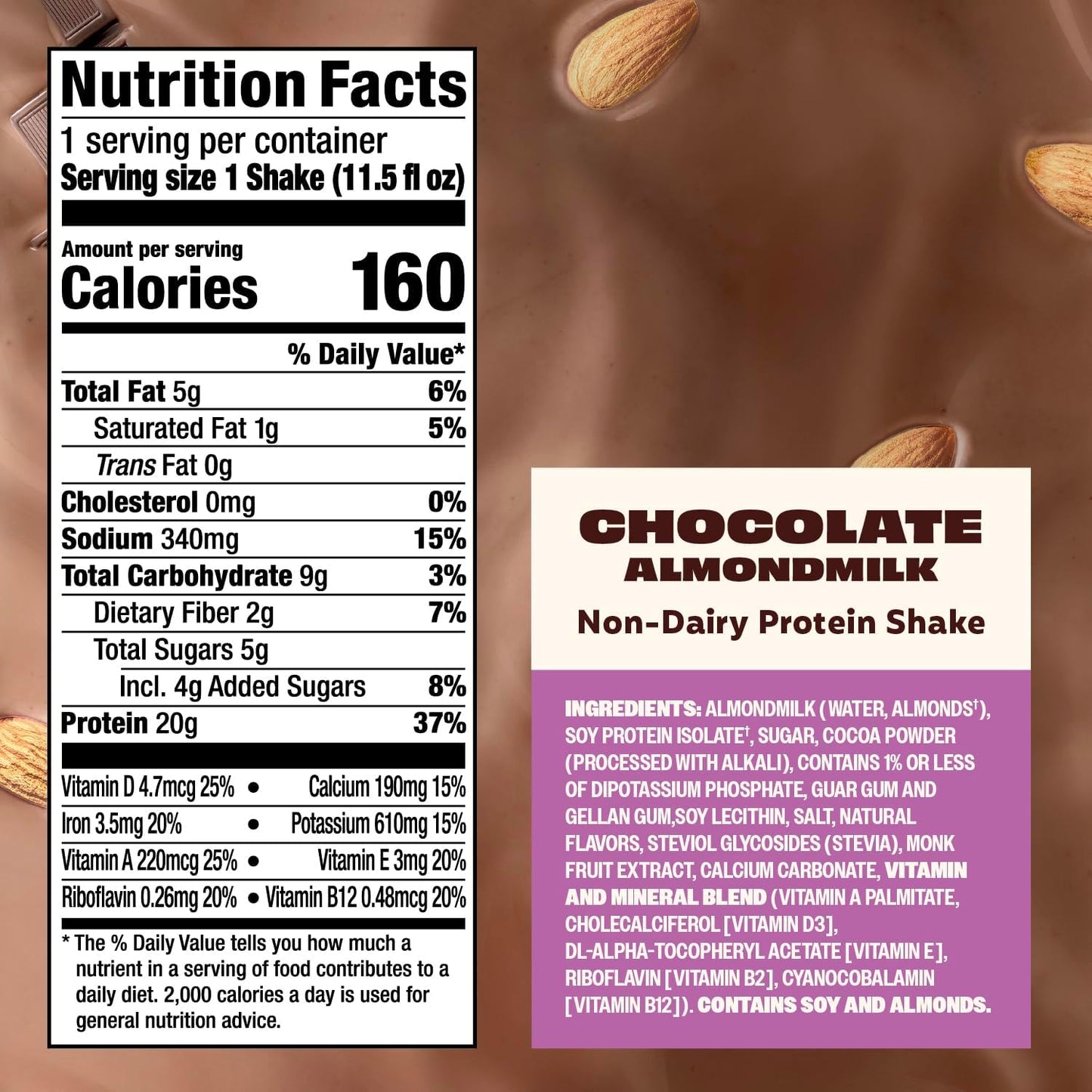 Premier Protein Almondmilk Plant Based Protein Shake, 20g Protein, 5g Sugar, 11.5 Fl oz, Chocolate, 12 Count