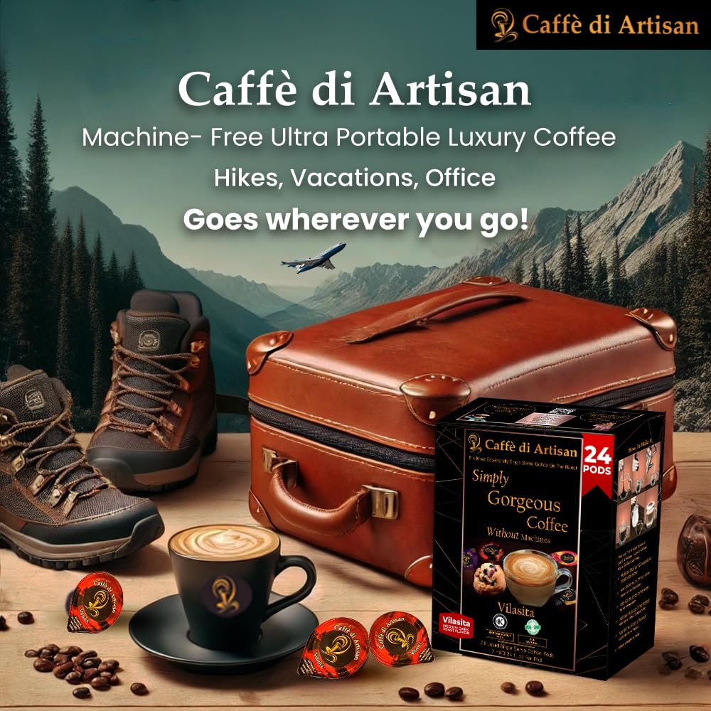 Caffè di Artisan Liquid Coffee Pods – Premium Single-Serve Coffee for Cold Brew concentrate, Iced Coffee & Hot Coffees – Machine-Free, Eco-Friendly, Ready in Seconds. Rich; Vilasita; Arabica; Medium Dark Roast – 24 Count..