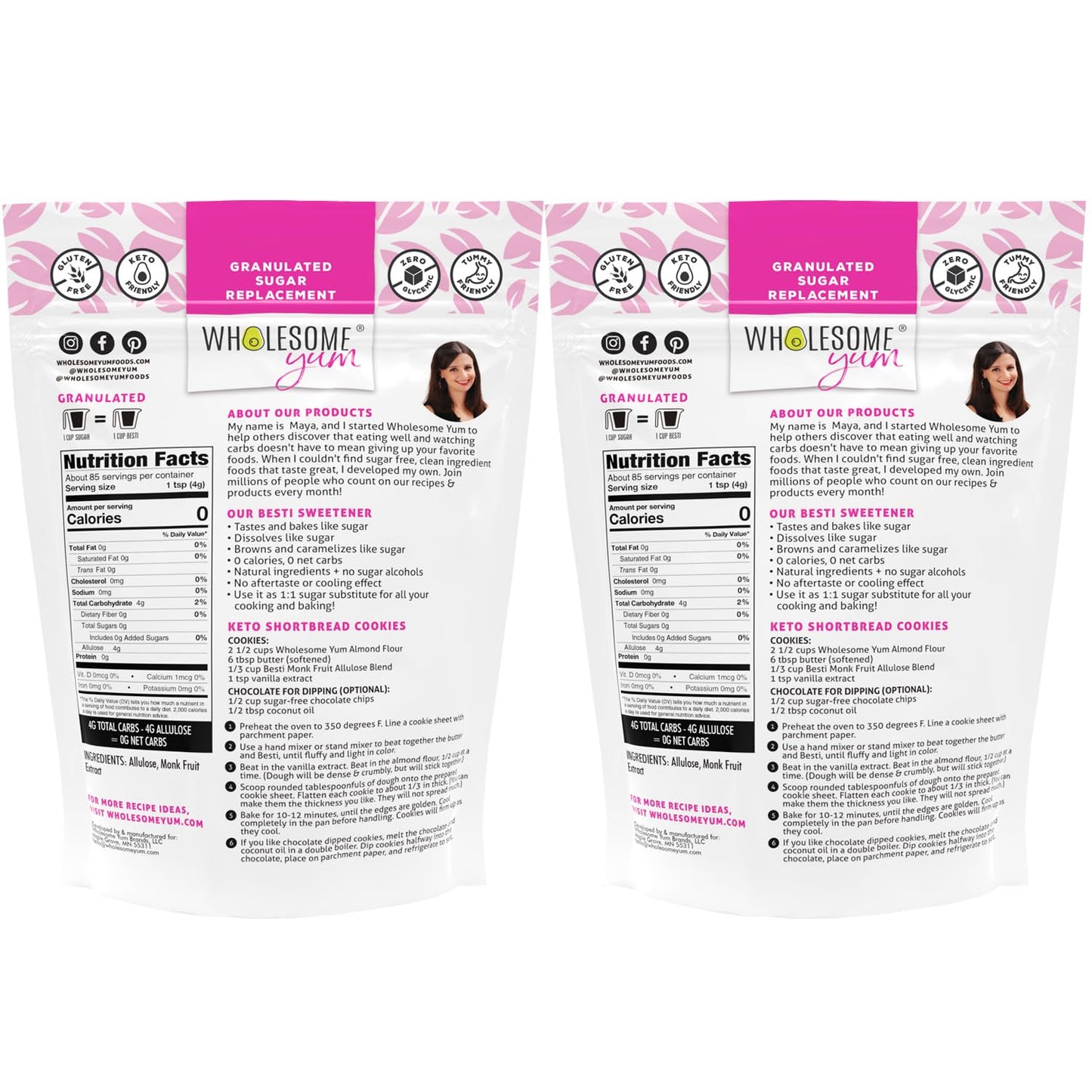 Wholesome Yum Besti Natural Sugar Substitute - Keto Granulated Monk Fruit Sweetener Blend With Allulose (No Erythritol) - Non GMO, Zero Calorie, Zero Carb, Sugar Free, No Aftertaste (12 oz, 2 Pack)