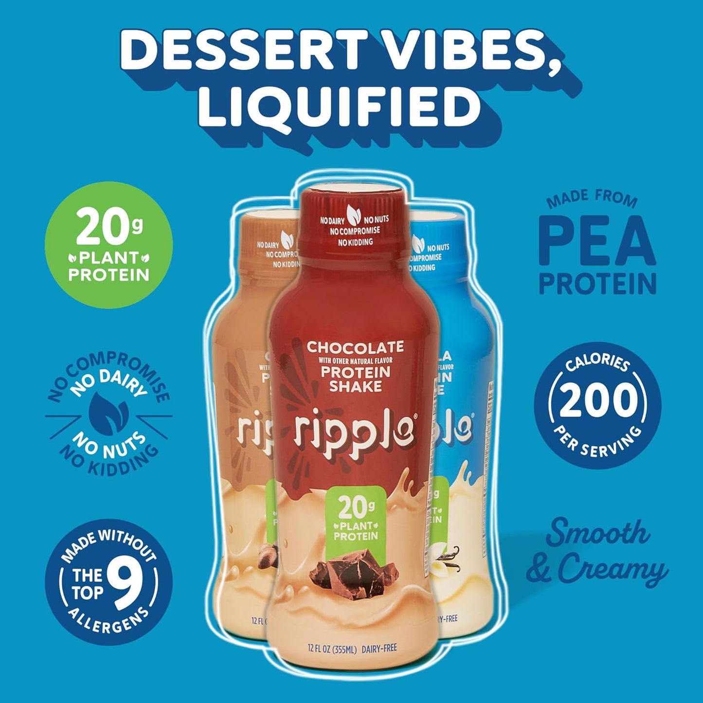 Ripple Plant Based Protein Shake Variety Pack | 20g of Quality Sourced Pea Protein, Calcium Rich | Shelf Stable | Vegan & Non GMO | Dairy, Soy, Nut, & Gluten Free | 12 Fl Oz Bottles (Pack of 12)