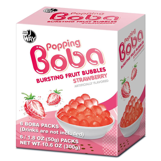 J WAY Bursting Popping Strawberry Boba Pearls, Strawberry Syrup, Non-Dairy, Fat-Free Popping Tapioca Boba for Beverages, Sweets, Ice Cream, 1.8oz (Pack of 6)