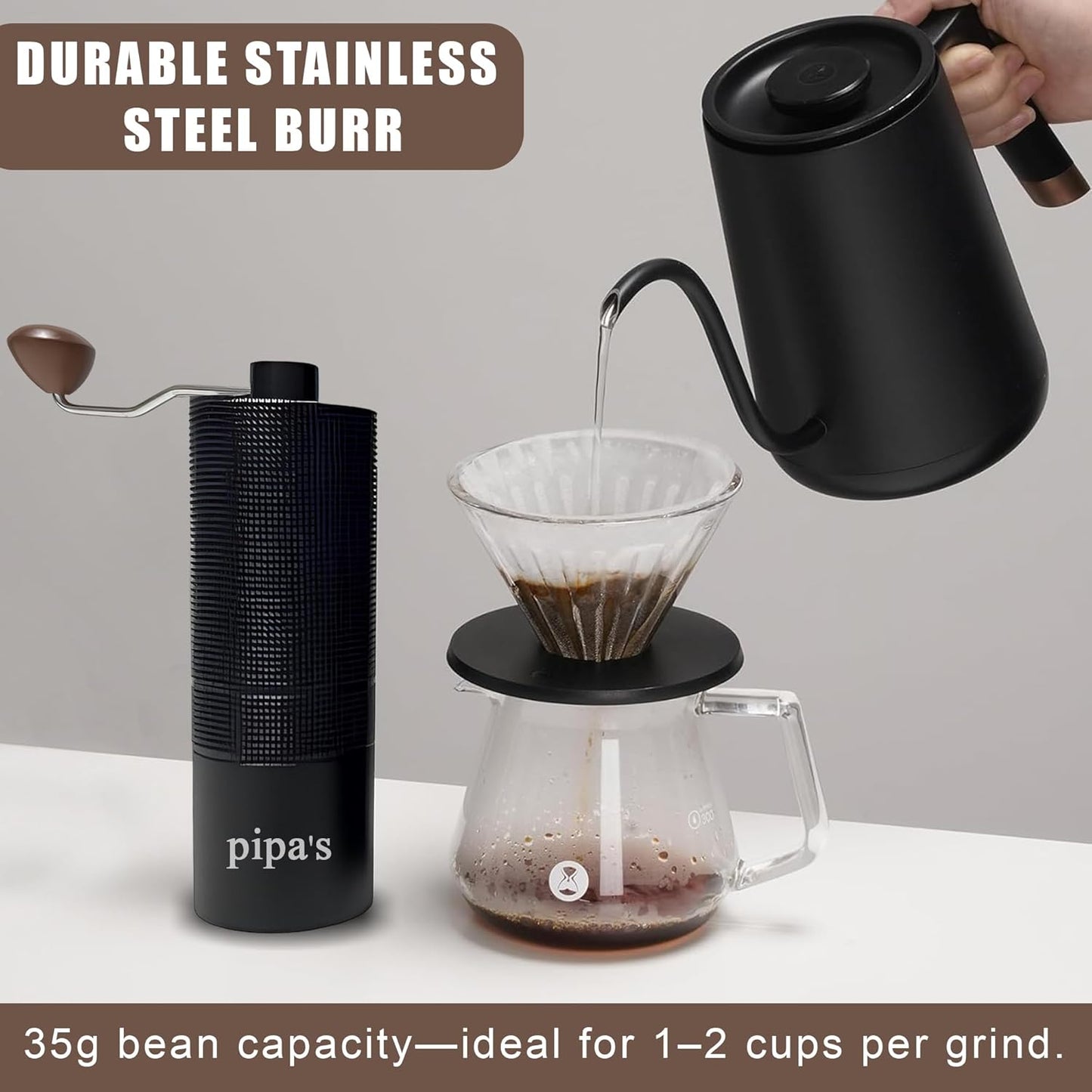 pipa’s Manual Coffee Bean Grinder with Brush (35g) | Stainless Steel Burr Mill, Adjustable Coffee Grinder for Espresso, Pour Over, French Press & Cold Brew | Coffee Hand Grinder for Home & Outdoor