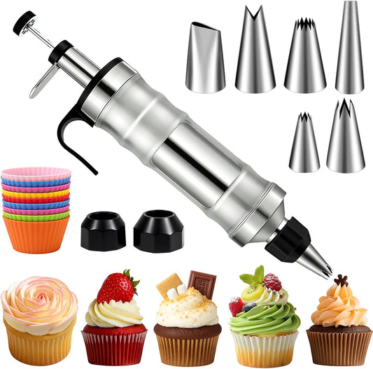 FANTEXY Dessert Decorating Syringe Set, Icing Piping Kit Stainless Steels Cake Decorating Tools 6 Piping Icing Nozzles Cupcake Decorating Kit
