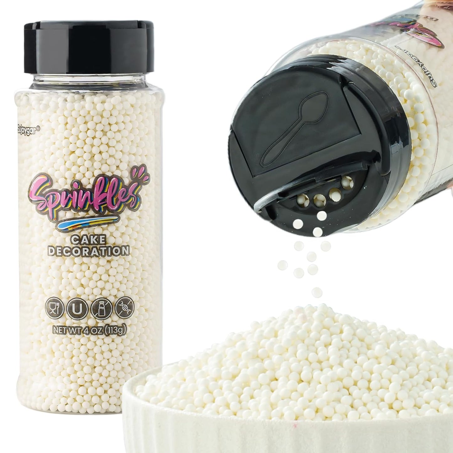 White Nonpareils Sprinkles, Sujoygar 4oz Edible Cake Sprinkles for Ice Cream Toppings Cupcake Chocolate Decoration, Wedding Party Cookies Baking Dessert Food Supplies