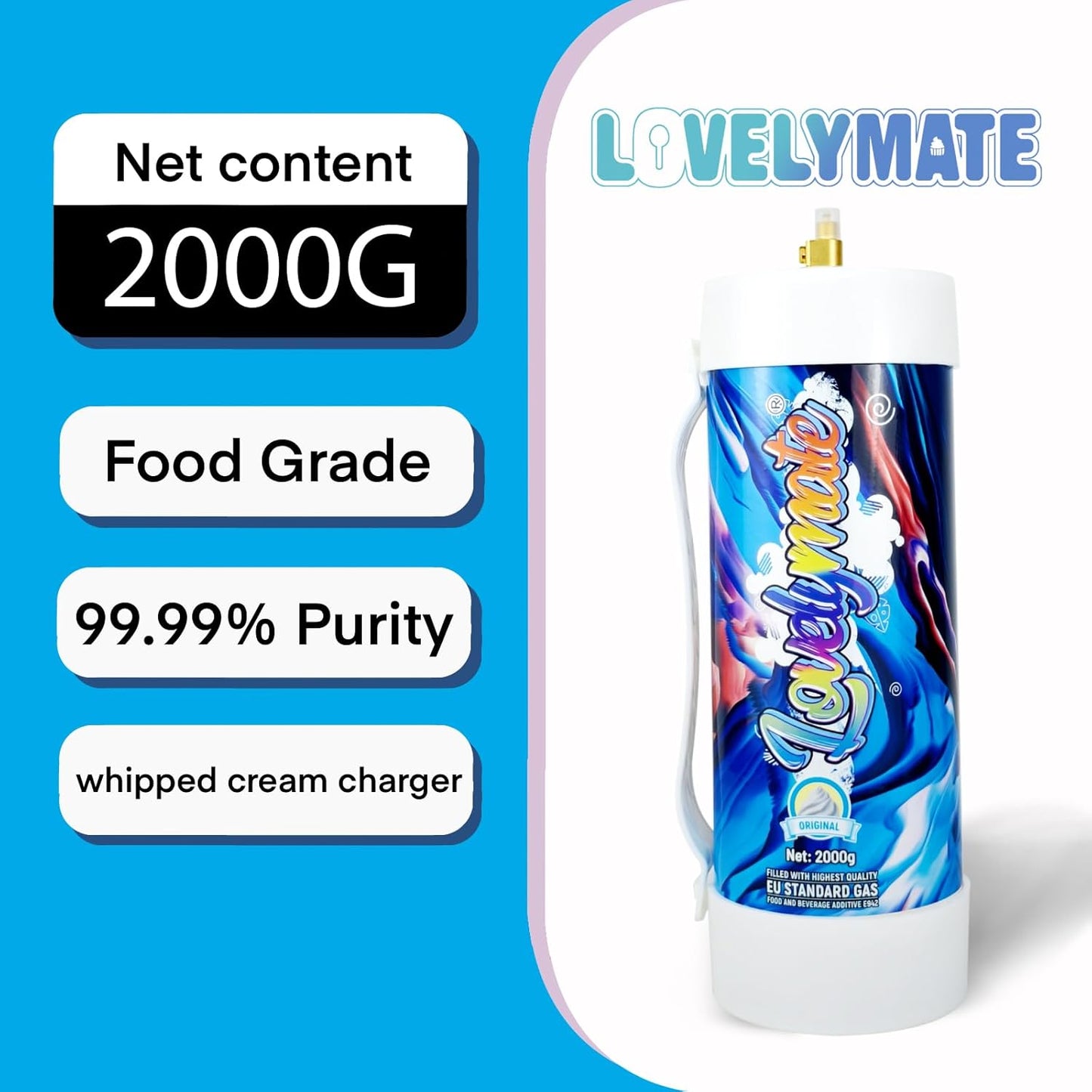 Whipped Cream Charger Tank 3.3L 2000G Whip Cream Charger Cylinder Food Grade Flavored (Tips Included) (1, Original)