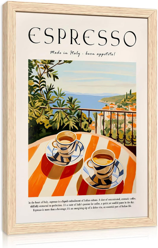 GELDSTEI Coffee Wall Art, Vintage Espresso Wrapped Canvas Print, Italian Coffee Poster Print, Cafe Bar Decoration, Retro Italian Cafe Wall Decor for Kitchen Dining Room Wood Framed 16"x24"