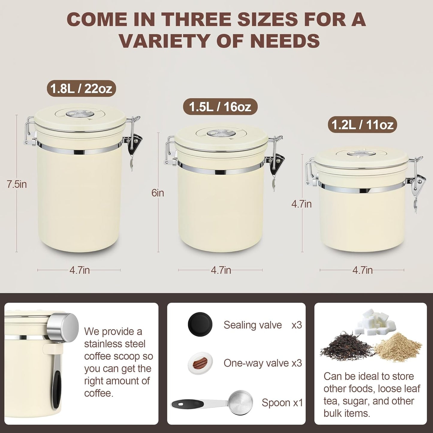 ShanSon Coffee Canister Airtight Coffee Container Stainless Steel Coffee Bean Storage Container with Scoop Coffee Canister for Beans Grounds Sugar Flour Tea Cereal,11OZ,Beige