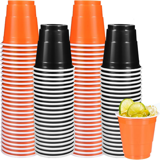 100 Pack 2 oz Plastic Shot Glasses Disposable Shot Cups, Mini 2oz Party Cups for Halloween, Birthday, Wedding, Bachelorette Party, Baby Shower Supplies (Orange, Black)
