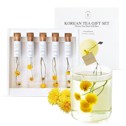 KKOKDAM Tea Gift Set - Chrysanthemum Blooming Tea Flowers - Fancy Korean Gifts For Teas Lovers - 5 Premium Flower Sticks