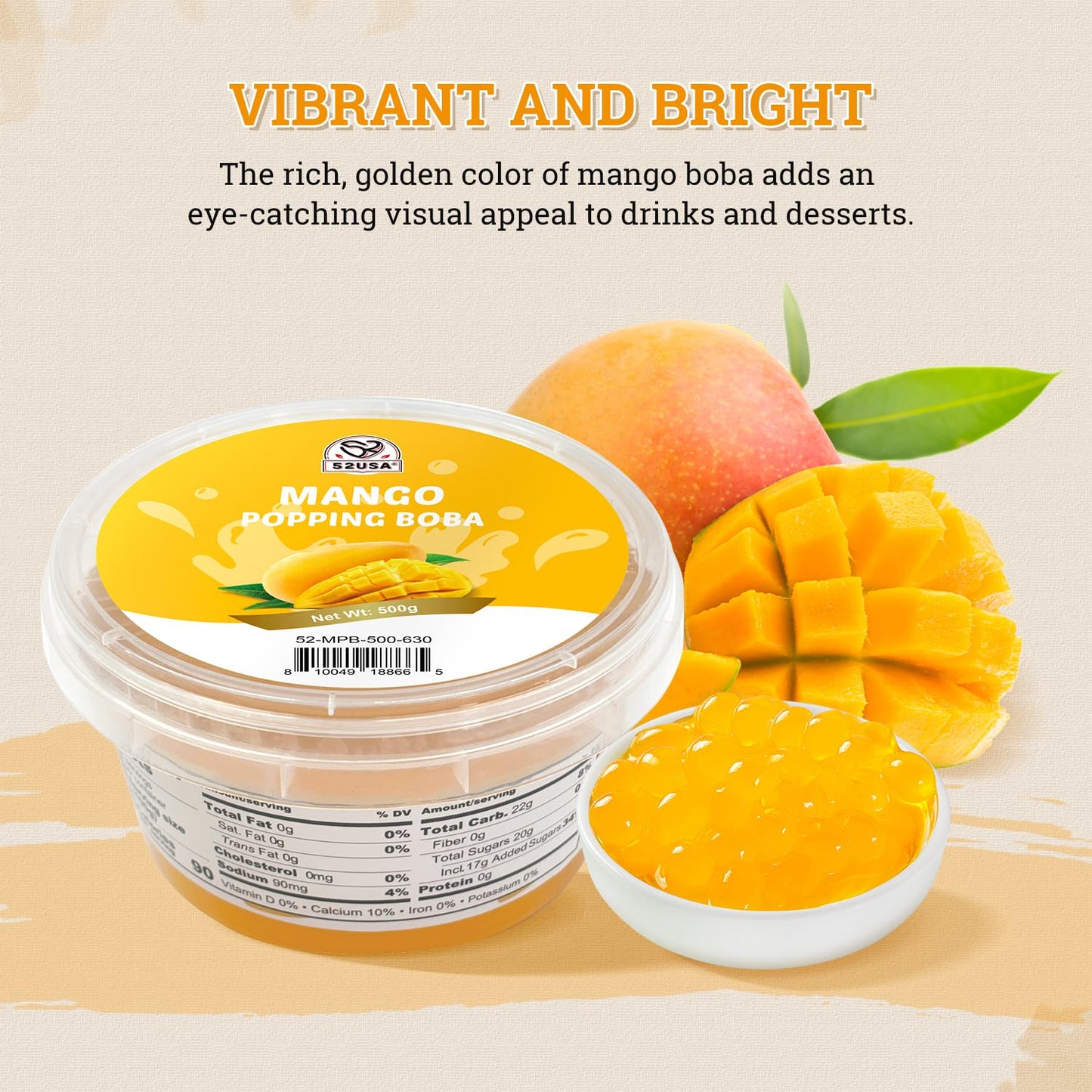 52USA Mango Popping Boba (1000g), Popping Pearls for Bubble Tea, Beverages, Sweets, Ice Cream, Shakes, Desserts & Smoothies Topping, 1.1 Pound (Pack of 2)