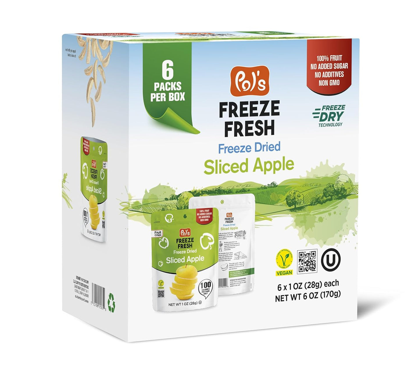 Pol’s Freeze Fresh - 6 Pack Sliced Freeze Dried Apples (1 Oz Each), Non-GMO, Kosher, No Added Sugar, Gluten-Free, Vegan, Single-Serve Packs