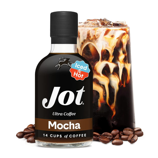 Jot Coffee Concentrate (Mocha) High Caffeine Cold Brew Coffee Concentrate Liquid for Iced Coffees, Instant Espresso, Hot or Cold Instant Coffees - Makes 14 Cups, 150mg Caffeine/Tbsp, Sugar Free