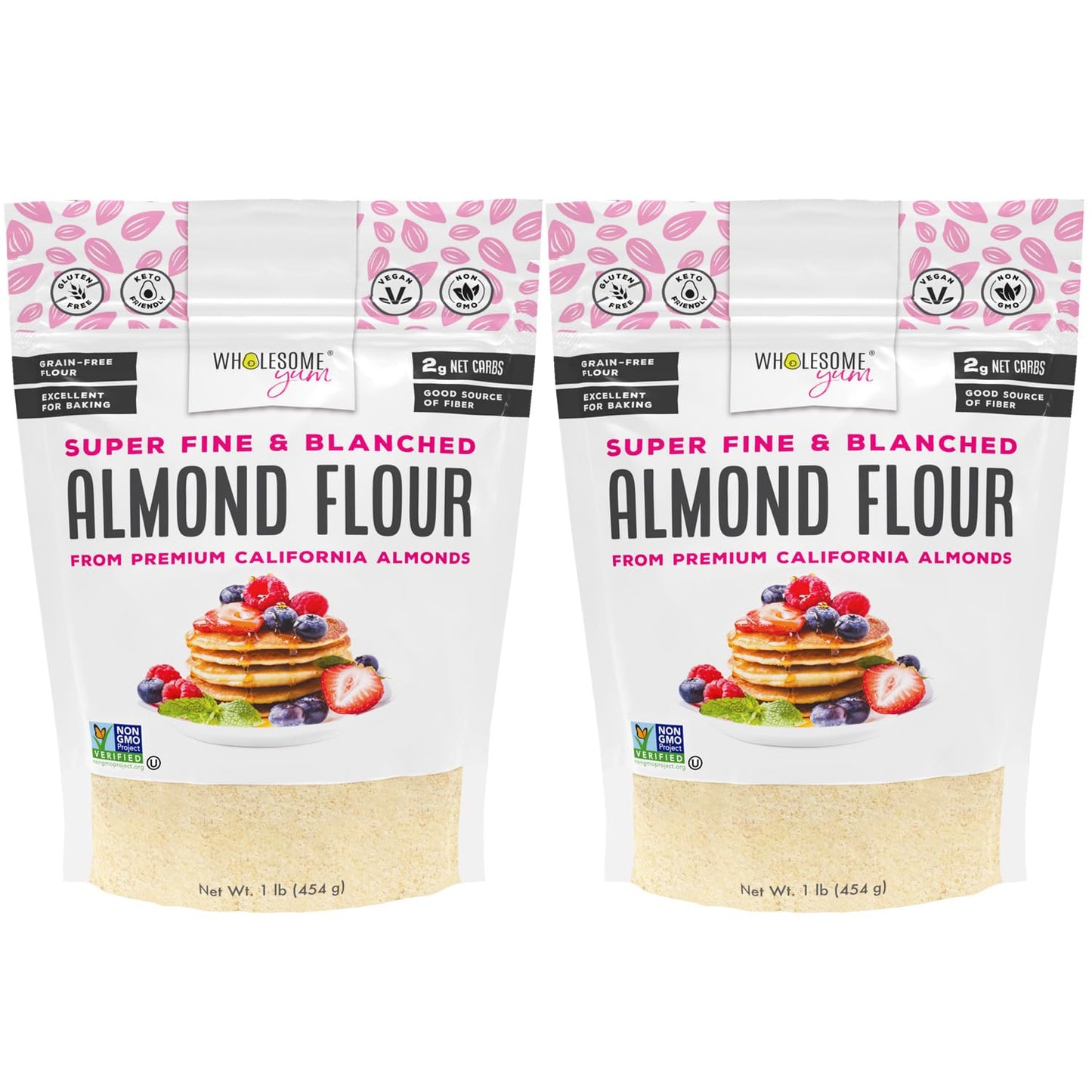 Wholesome Yum Premium Fine Blanched Almond Flour For Baking & More (16 oz / 1 lb) - Low Carb, Gluten Free, Non GMO, Keto Friendly Flour Substitute With Ground Almonds (Pack of 2)
